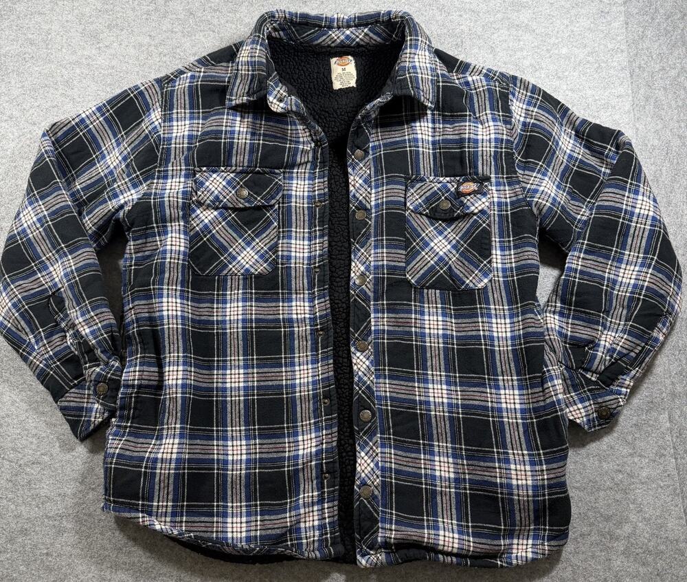 Dickies Sherpa Fleece Lined Shirt Jacket Men M Black Blue Plaid Flannel Workwear